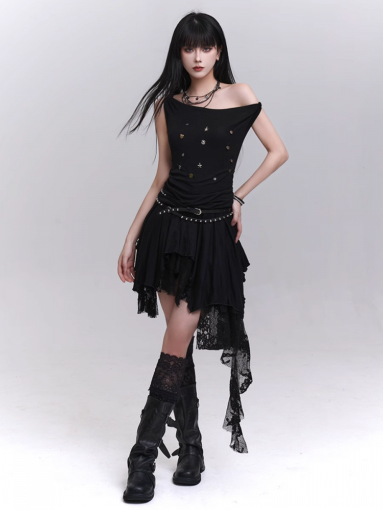 Patchwork Black Lace Cascading Ruffles Skirt