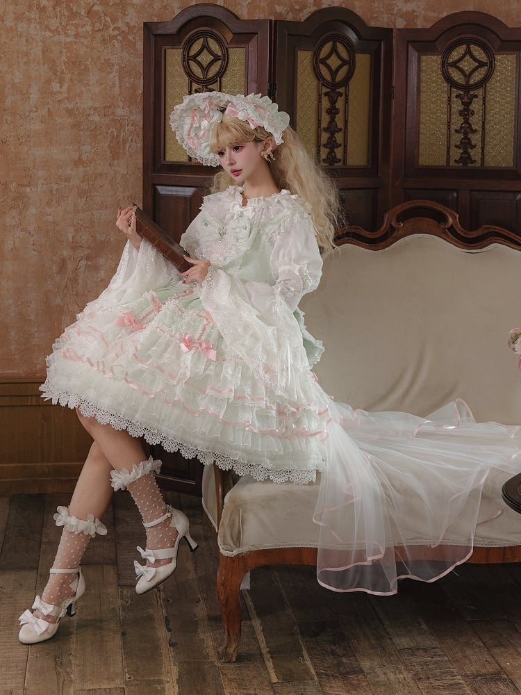 Mintgrüner Hanayome-Lolita-Pulloverrock mit Schleifenverzierung, süßes Hime-Lolita-Pulloverrock-Set