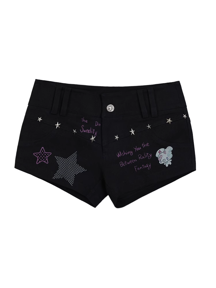 Black Low-Rise Star Studs Graffiti Print Shorts