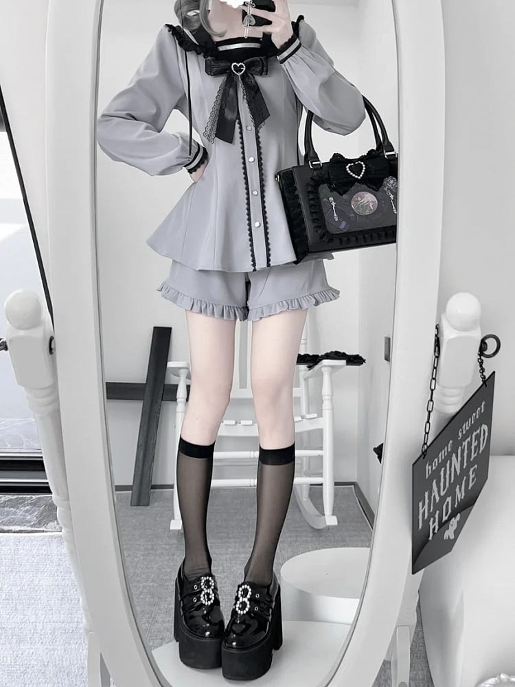 Back Purple Design Ears Tie Jirai Mini Dress + Ruffle Hem Shorts Set- + Bow Dusty Kei Sailor Collar Bunny
