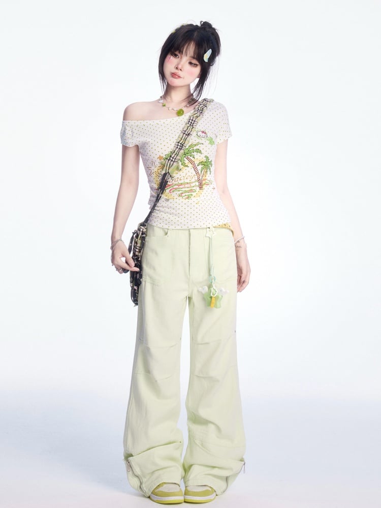 Pants Light Green Low Waist Zip Cuffs Wide-leg Cargo