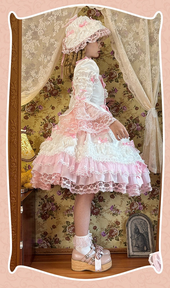 Dress High Sweet Pink with White Waist Sleeves Detachable Lolita Bow Princess Accents