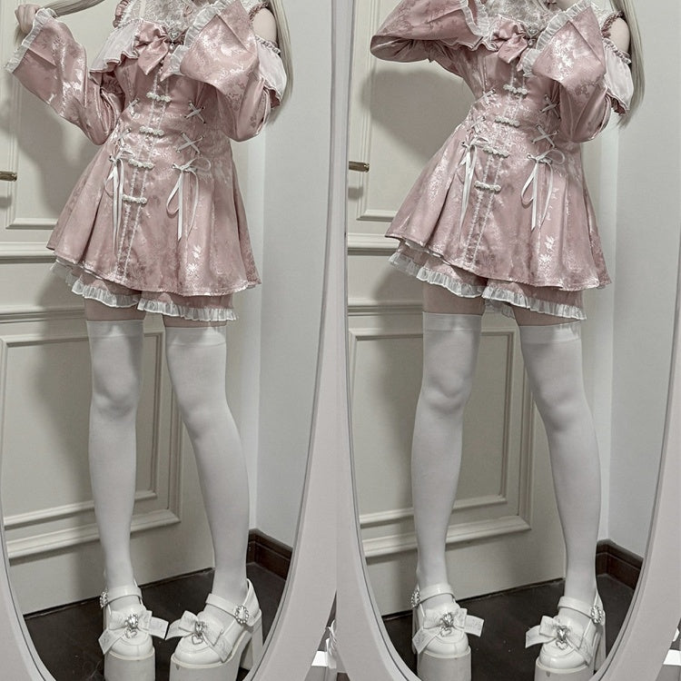 Set- Shorts Bow Tie Neckline + + Bell Sleeves Illusion Cheongsam Mini Dress Dusty Jirai Style Pink Kei