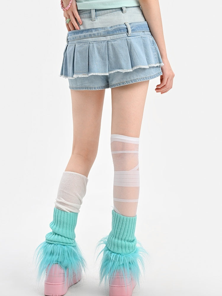 Raw Blue Buckle Straps Pleated Punk Skirt Hem Denim Glamorous