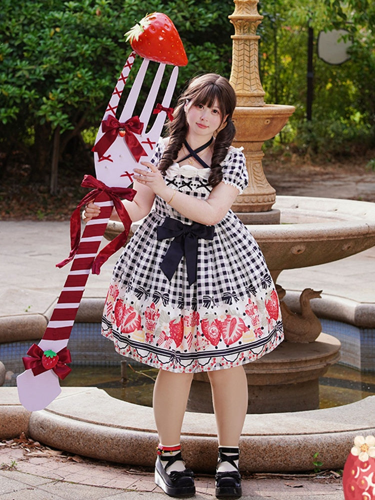 Black Strawberry Print Plus Lolita Gingham and Dress Bow Size