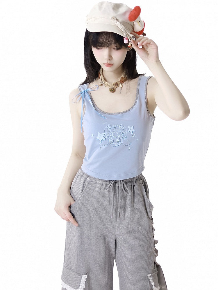 Light Blue Cute Cups Padded Girl Print Tank Top with Detachable