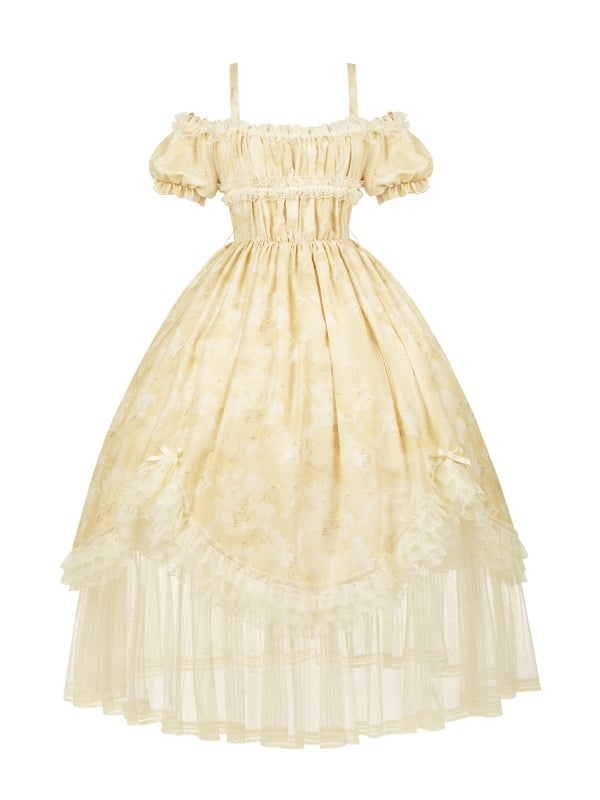 Light and Dress High Waist Lolita Butterfly Neckline Versatile Yellow Bows Print