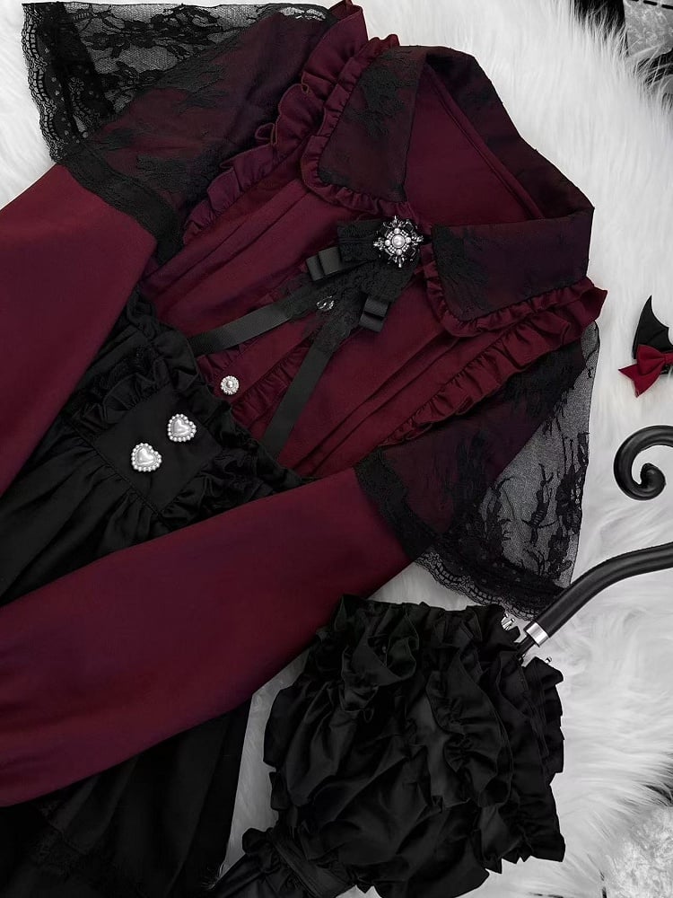 Pleating Outfit- Black Shirt Jirai Kei Skirt Red + Details Tiered