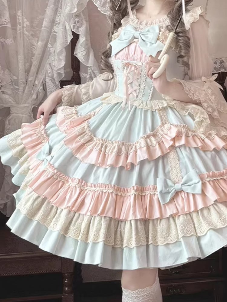 and Candy JSK Lace-up Front Scalloped Edge Sweet Lolita Dress Blue Color Pink