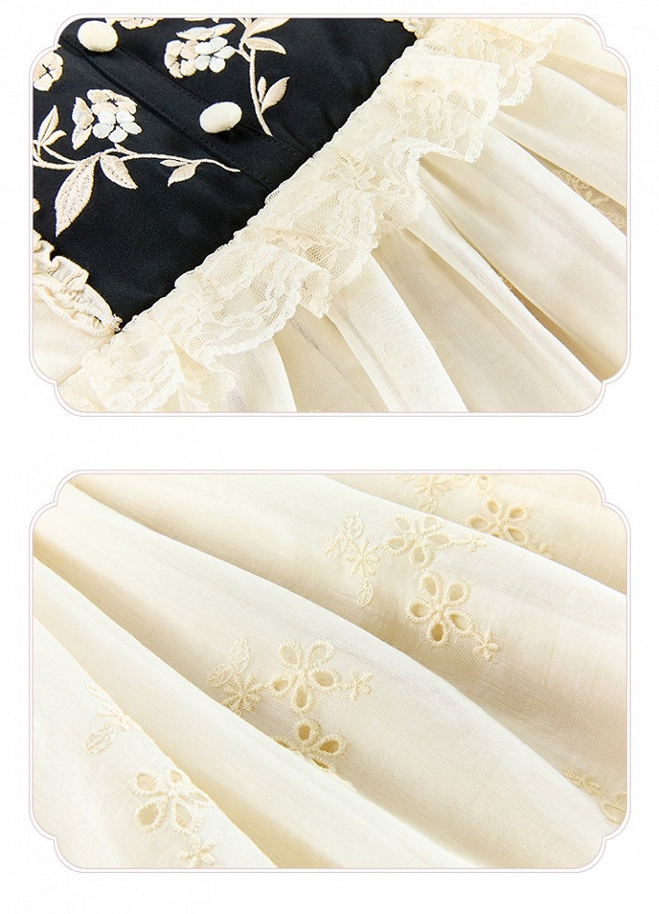 and Neckline Beige Long Sleeves Cuffs Lolita Floral Plush Dress Bodice Embroidery