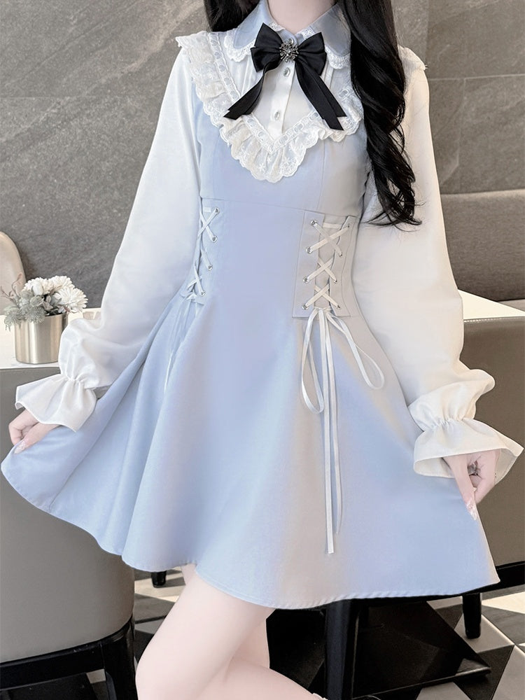 Robe Jirai Kei bleue à volants et bordure en dentelle, avec lacets à la taille, Tenshi Kaiwai