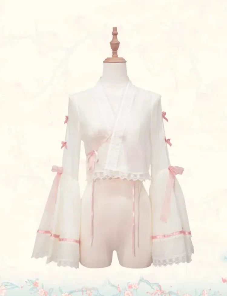 Creamy Bell Sleeves Han Lolita Blouse with Small Pink Bowknots