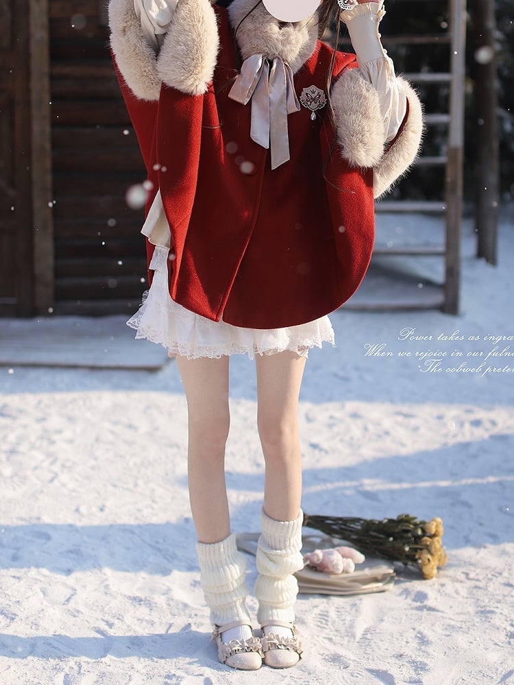 Red Wool Cape Coat with Shaggy Collar and Cuffs
