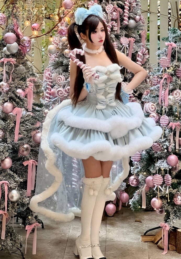 Blaues trägerloses Winterkleid mit Schneeflockenschleifen und Plüschbesatz