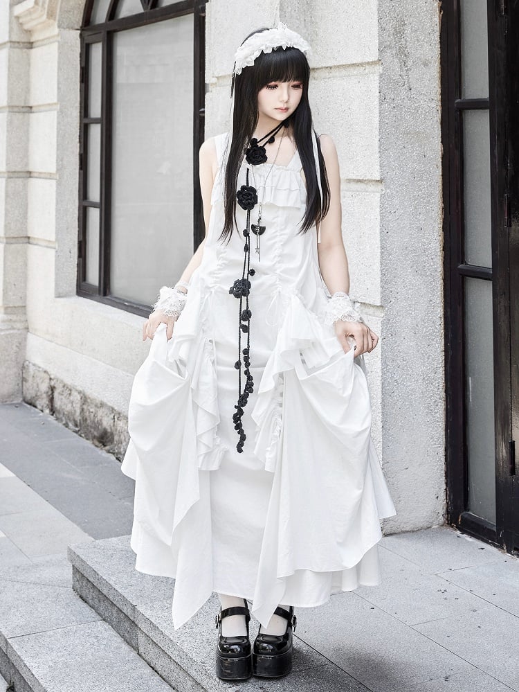 + Drawstring Design Necklace White Goth Ruffles Loose Scarf Dress Cascading
