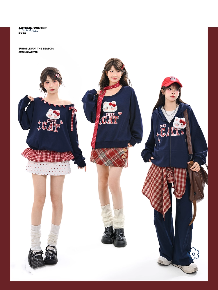 Sweatshirt with Detachable Red Applique Navy Kitty Embroidery Blue Collar Plaid