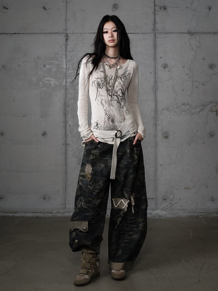 Pants Cargo Zigzag Punk Deconstructed with Camo Embroidery Vintage Design