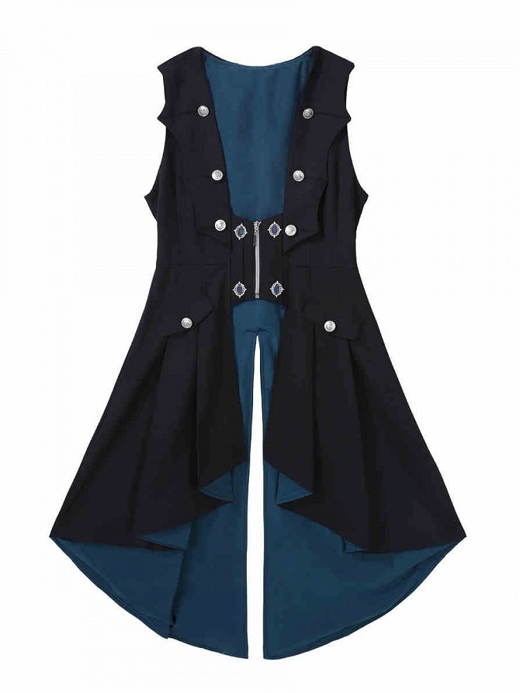 Long Shirt - Black Ouji Blue + Sleeves Tie Waistcoat Jabot Full and Prince Shorts Lolita Set