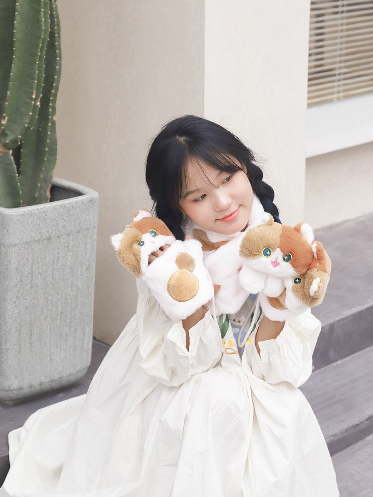 ホワイト&ブラウンのかわいい猫型ぬいぐるみ手袋