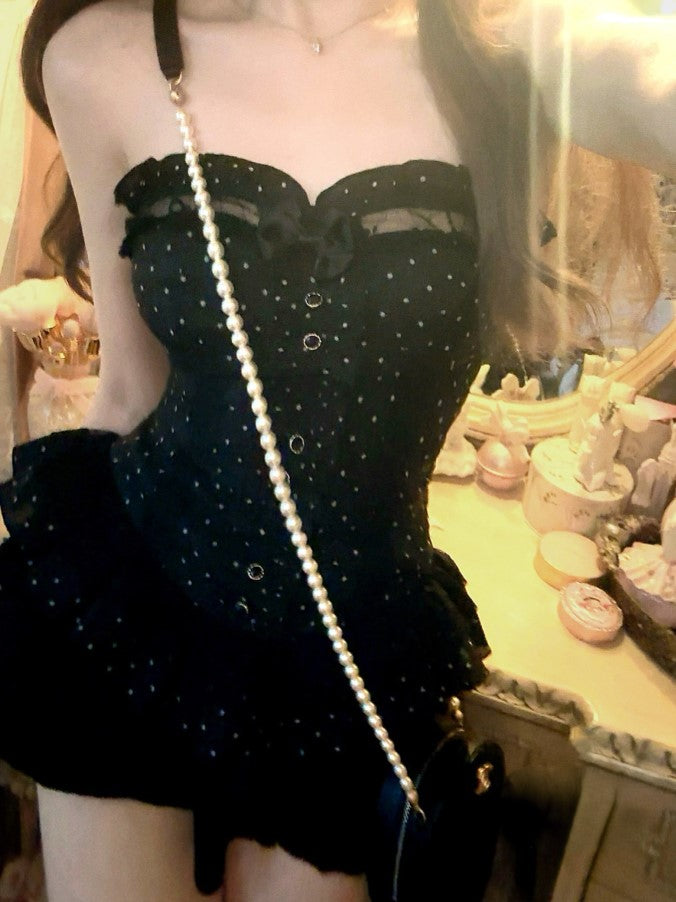 Corset Embroidery Bow Black Lace Bustier With Detachable Floral Ruffled