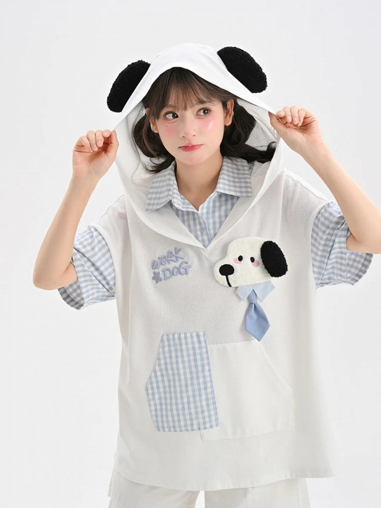 Two-pieces Puppy Ears Design Hood Pattern White and Puppy Faux T-Shirt Blue Plaid