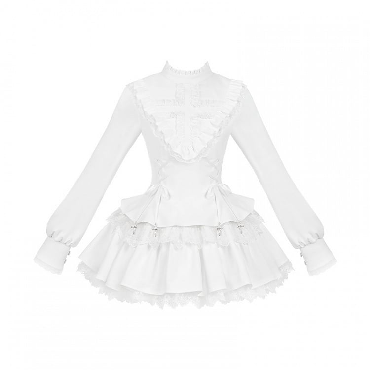 Ruffle Straps Dress Lolita Charm Neckline White Lace-up Cross Gothic