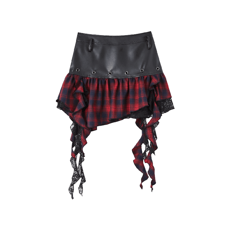Ruffled Black PU Punk Skirt Hem Y2K Asymmetrical Red Plaid