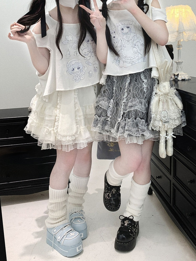 Yami Kawaii Cartoon Print Cutout Shoulder White Jirai Kei T-shirt