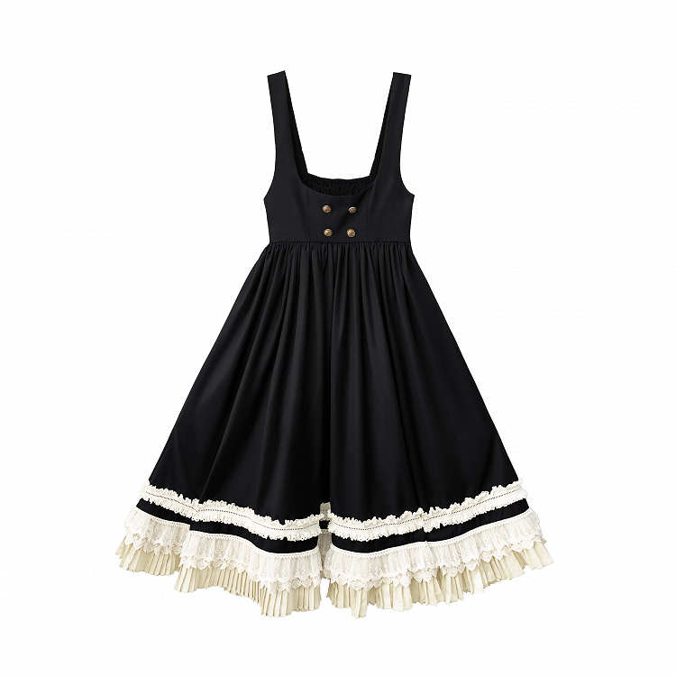 Preppy Style Black High Waist Overall Dress with Beige Lace Trim