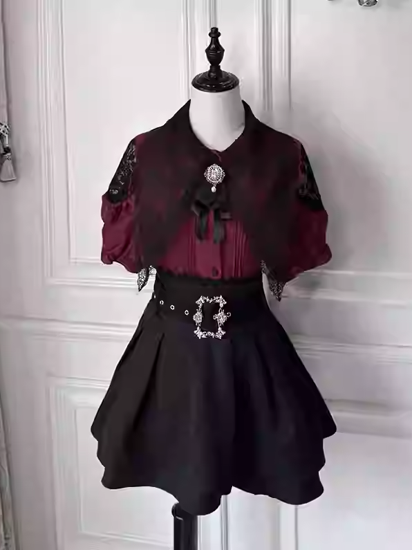 Black Elastic Waist Lace Skirt with Buckle Belt Trim