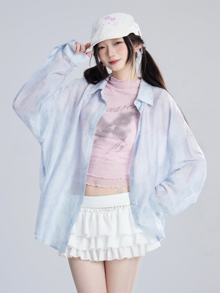 Pink/White Semi-sheer Top Butterfly Print Lettuce Hem Mesh