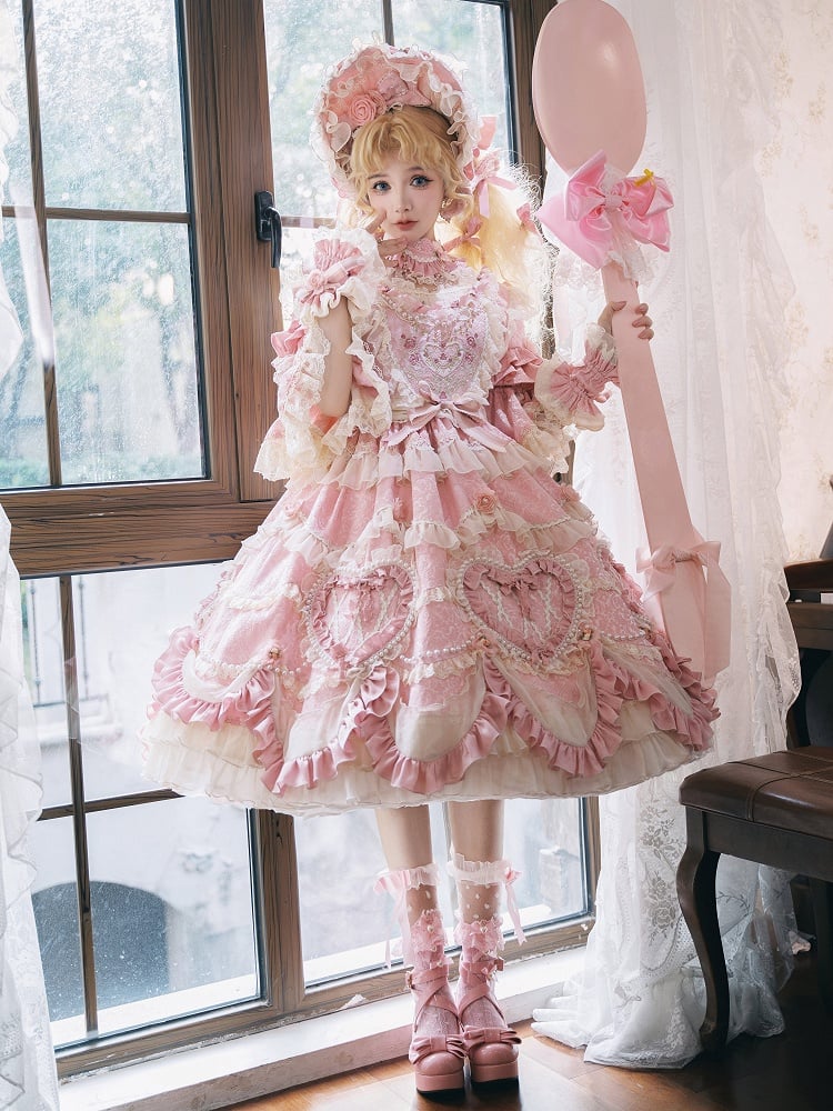 Wunderschönes Hanayome Lolita-Kleid mit Blumenstickerei und Perlenkettendetails in Rosa