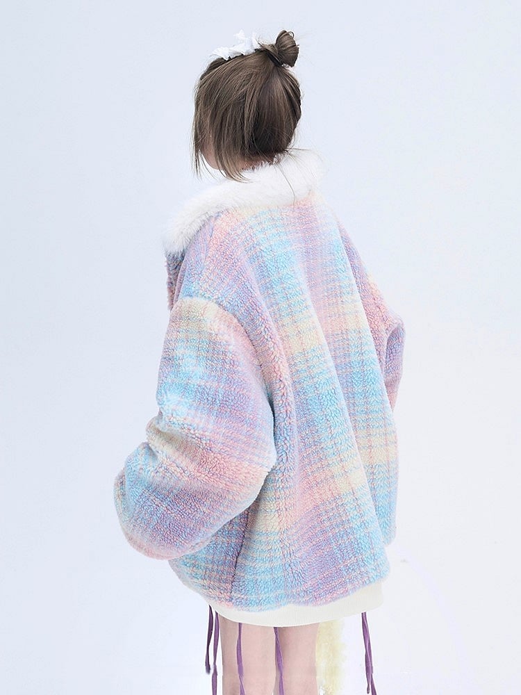 Details with Winter Colorful Coat Collar Faux Plush White Fur Text