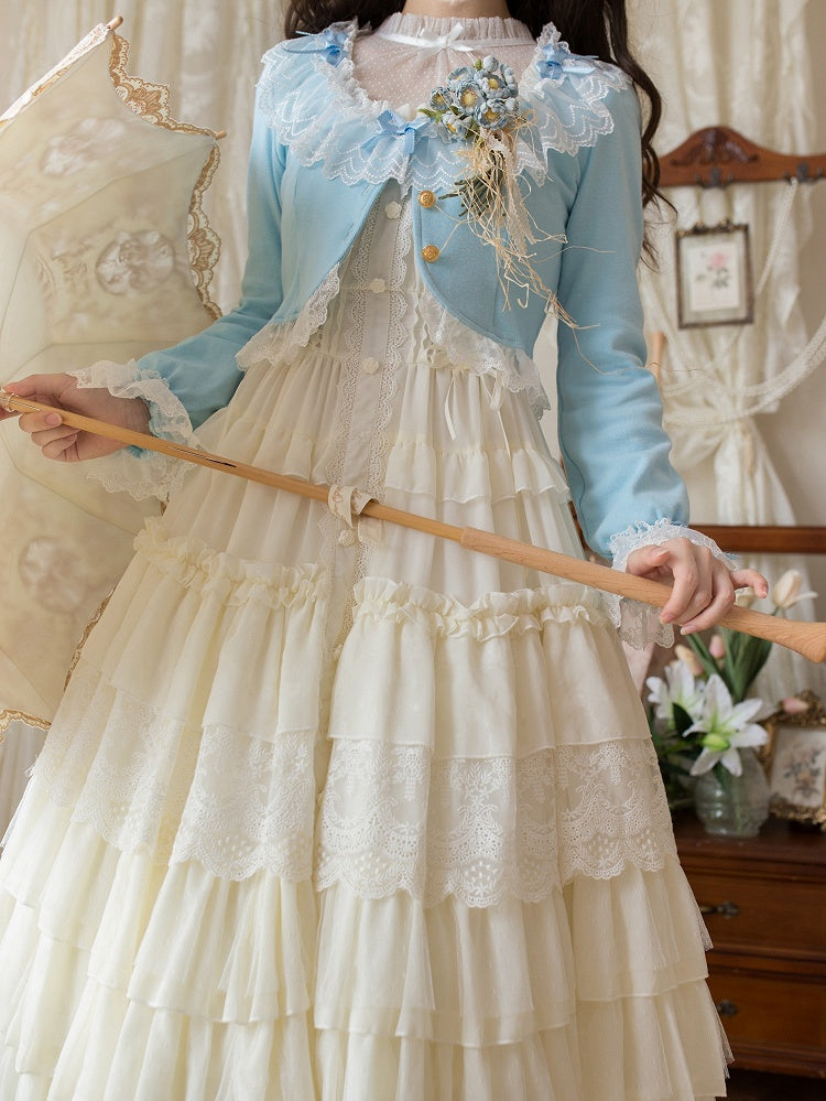 with Cropped Lace Autumn Baby Lolita Blue Cardigan Bow and Accents Trim