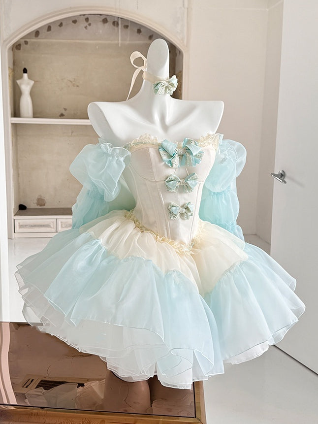 Green Bowknots Decoration Bodice Corset Top with and Puffy Skirt Yellow Set Balletcore