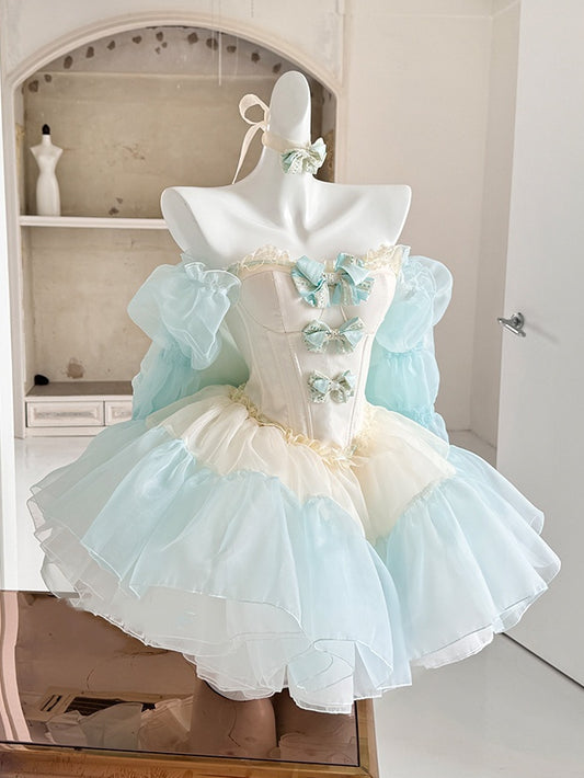 Green Bowknots Decoration Bodice Corset Top with and Puffy Skirt Yellow Set Balletcore