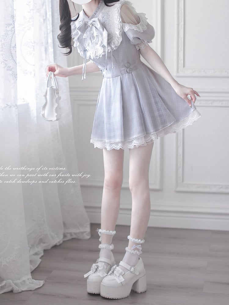 Schulter-Cut-Kleid Dusty Blue Jirai Kei Plaid mit