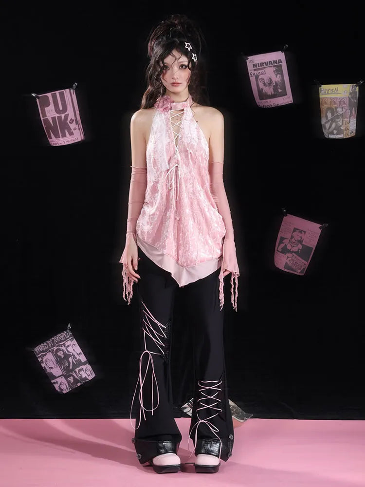 Flared Detail Lace-up Pants Black