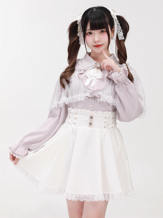 Jirai mit Kei Pink Perlen Abnehmbare Cape Bluse Spitze Staubiger Kragen Stil