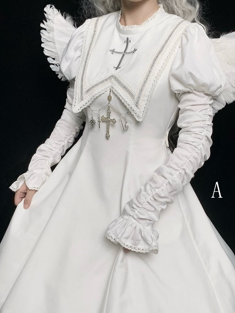 Halloween Kreuzärmeliges Juliette Stickerei Weißes Hammelkeulenkleid / Outfits Nonne Lolita