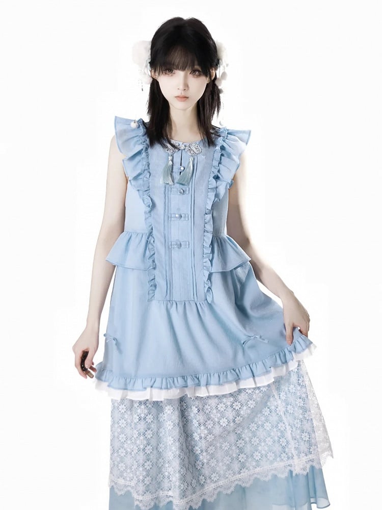 Rococo Back Buttons Style Blue Flutter Sleeves Big Sleeveless Dress Knot Cheongsam Details Tassel Bow
