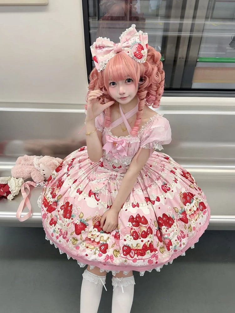 Pink Print Dress Lolita Cake Short Sleeves Sweet Strawberry