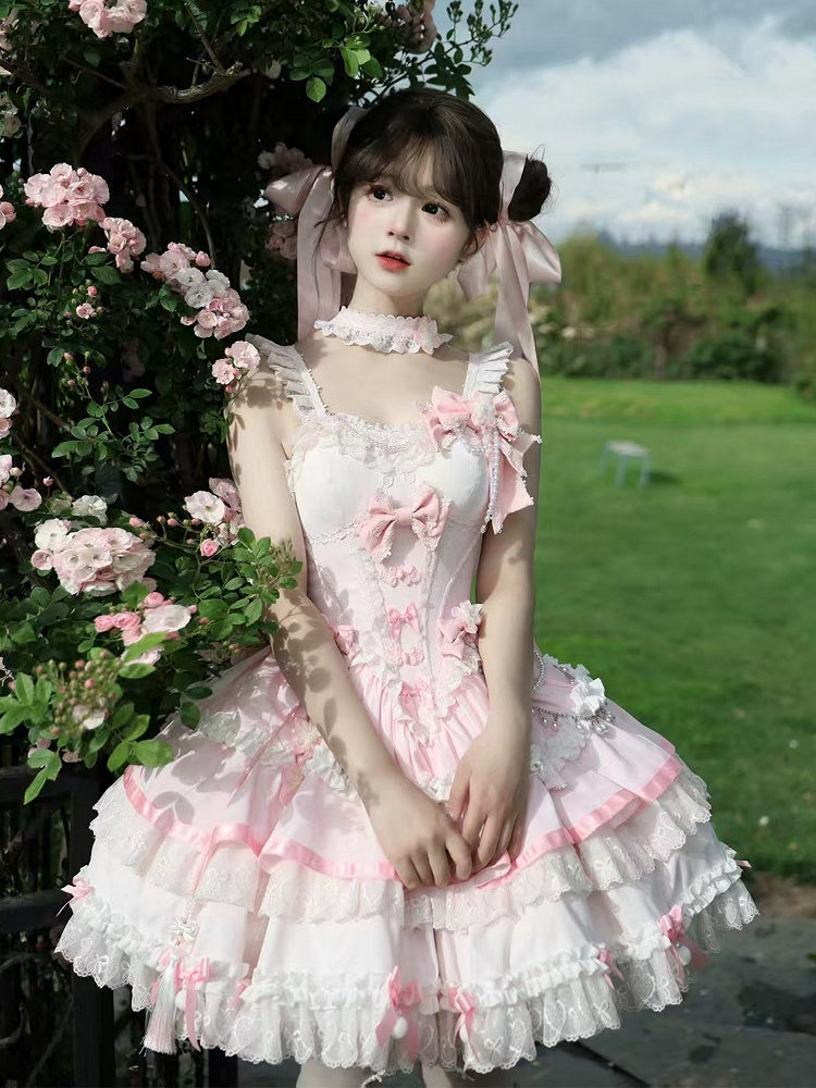 Dress Lolita Accents Chains Bead Pink Waist Flower and Corset Bow Qi