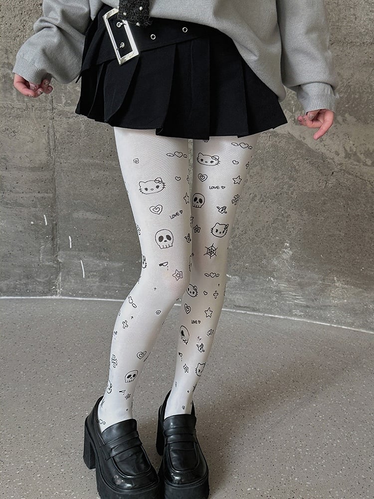 White Sweet Kitty Heart Star Print Cartoon Tights