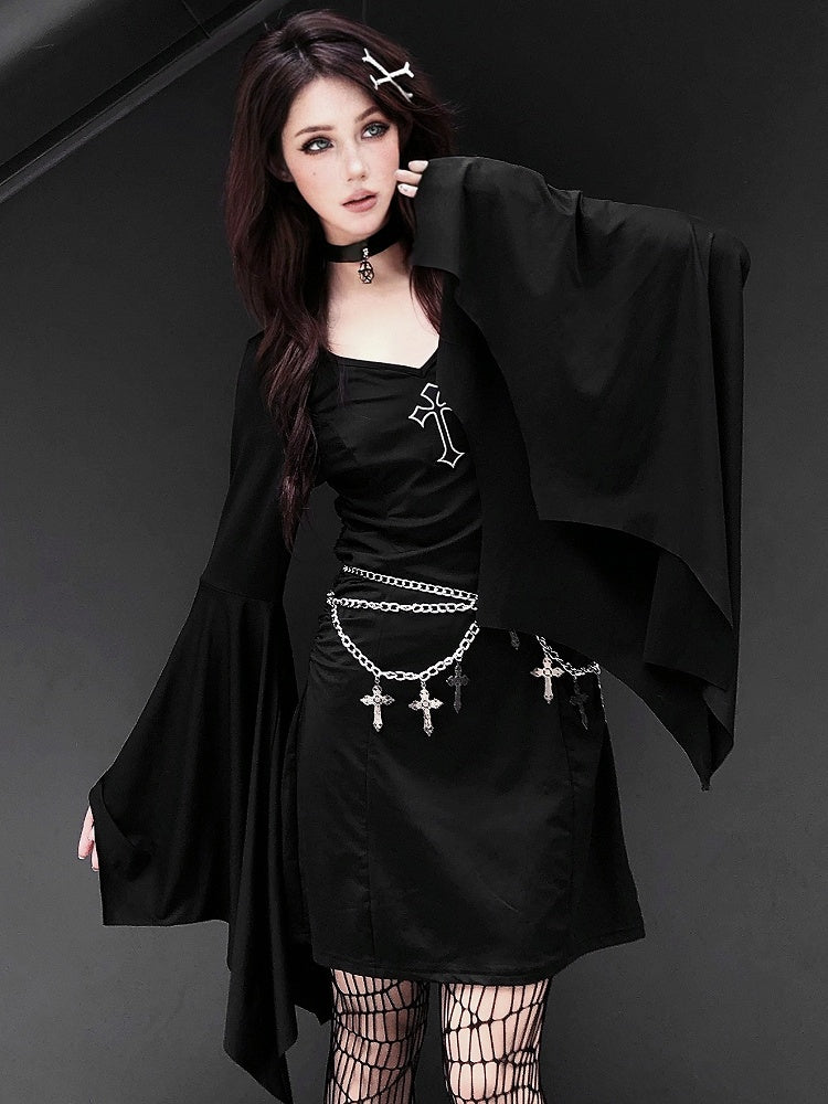 Gothic Punk Black Cross V-neck Flounce Bell Sleeves Dress with Waistchain Set