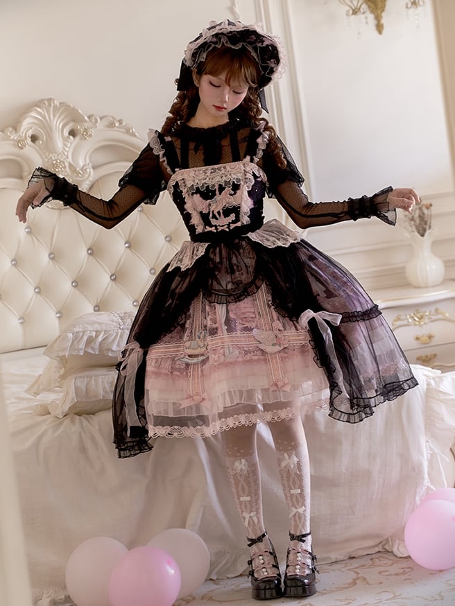 Schwarz-Rosa Vorhang Tüll Overlay Fliegender Pferderock Lolita Pulloverrock