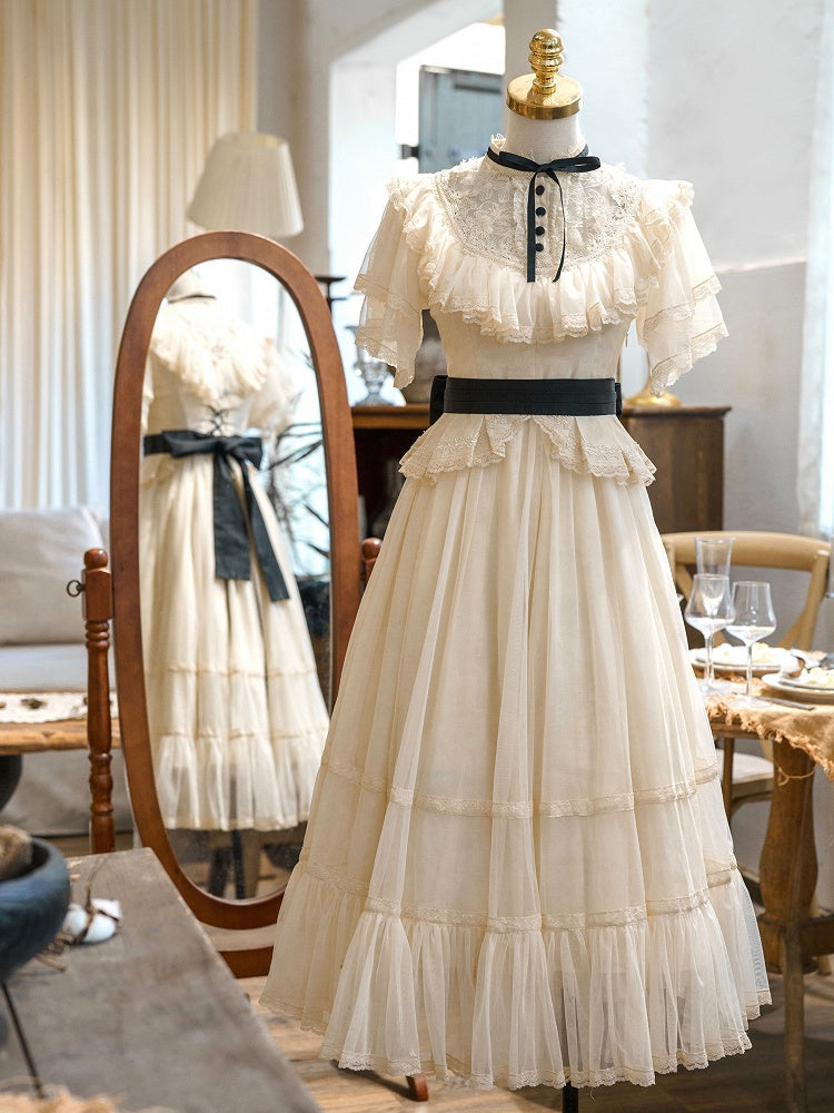 Beige Classic Waist Black Elegant Dress Neckline Lolita Illusion Edward Belt with