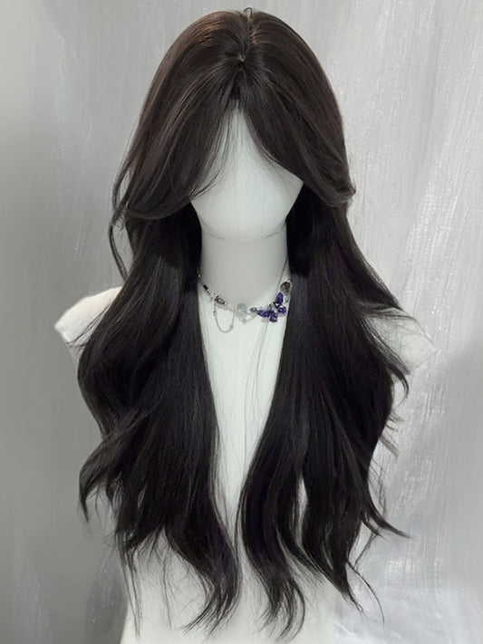 Black Tea Long Wavy Synthetic Wig With Curtain Bangs