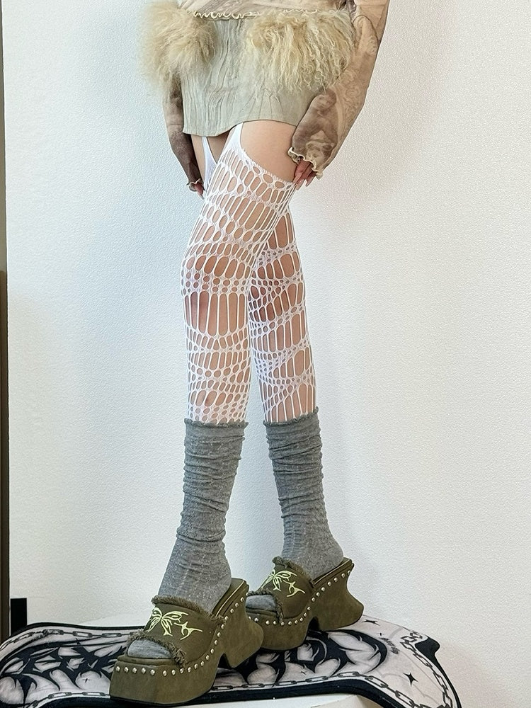 Suspender Black/White/Brown/Gray/Red Y2K Cut-out Design Stockings
