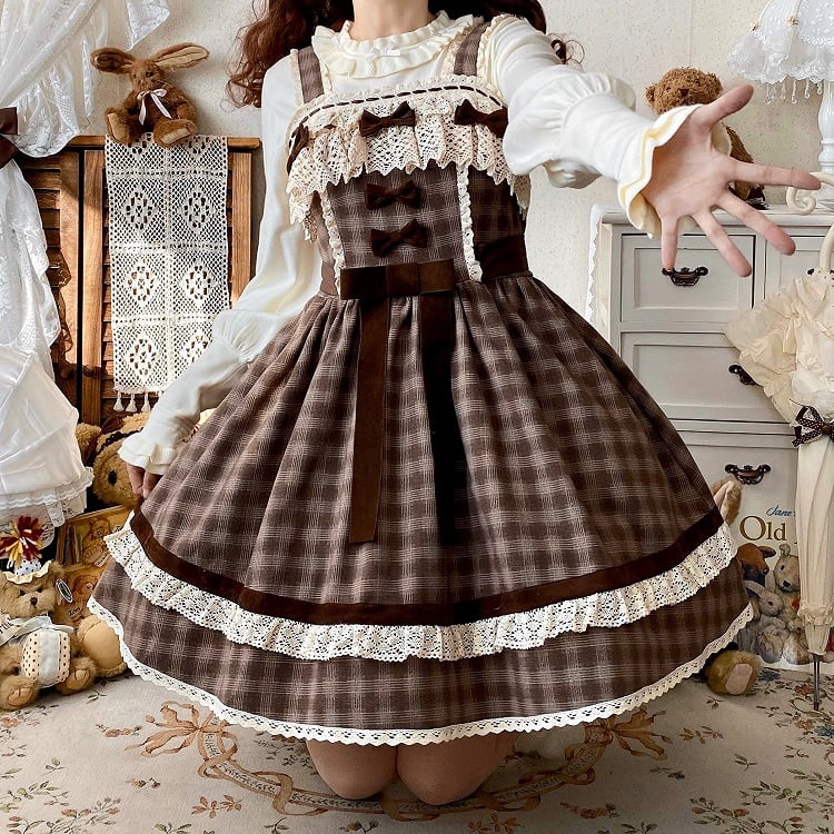 Braunes kariertes süßes Lolita-Kleid